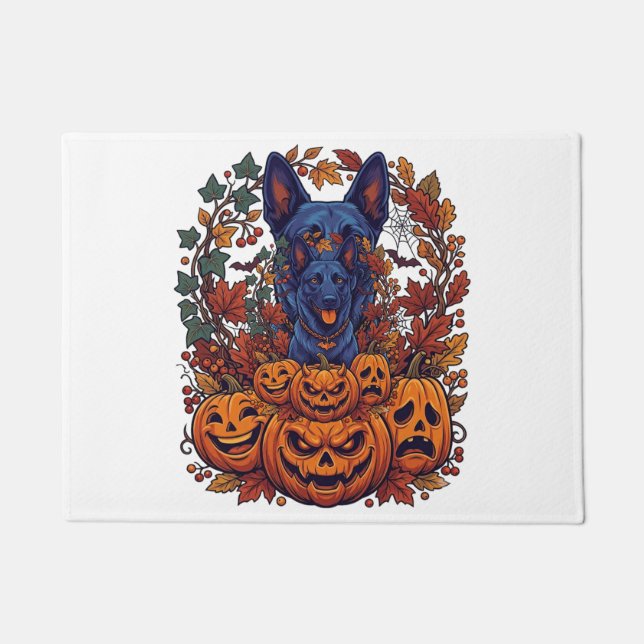 Blauer Pitbull Halloween Kürbisse Herbstlaub Flede Fußmatte (Vorderseite)