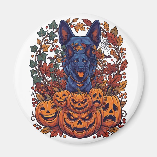 Blauer Pitbull Halloween Kürbisse Herbstlaub Flede Magnet (Vorne)