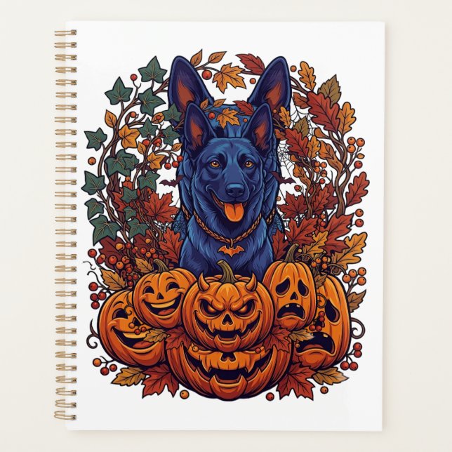 Blauer Pitbull Halloween-Kürbisse Herbstlaub Flede Planer (Vorderseite)