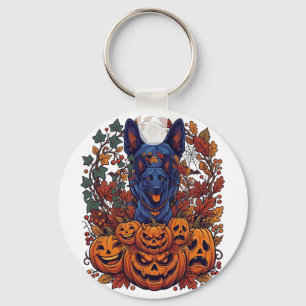 Blauer Pitbull Halloween-Kürbisse Herbstlaub Flede Schlüsselanhänger