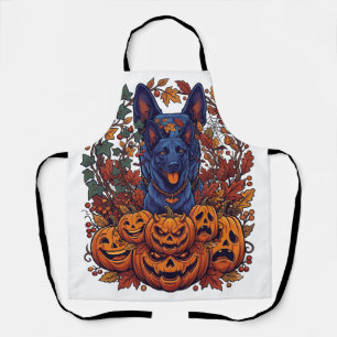 Blauer Pitbull Halloween Kürbisse Herbstlaub Flede Schürze