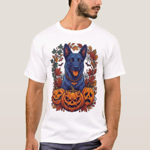 Blauer Pitbull Halloween Kürbisse Herbstlaub Flede T-Shirt
