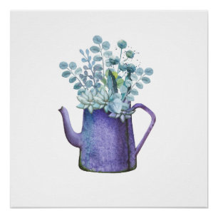 Blauer Pitcher mit Blume Aquarellfarben-Plakat dru Poster