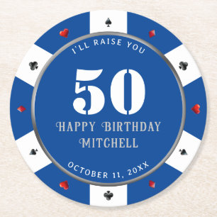 Blauer Pokerchip zum 50. Geburtstag Runder Pappuntersetzer