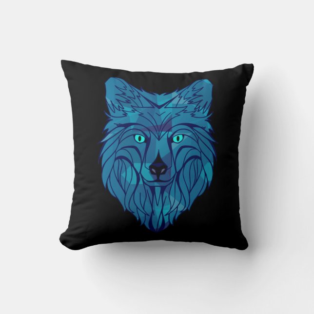 Blauer Poly-Wolfkopf Kissen (Vorderseite)