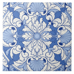 Blauer Portugiesischer Azulejo-Akanthus-Medaillon Fliese
