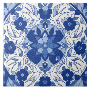 Blauer Portugiesischer Azulejo-Schwalben-Medaillon Fliese