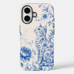 Blauer Porzellan-Katz-Blumen-Handyhülle iPhone 16 Hülle