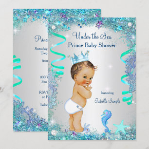 Blauer Prinz unter dem Meer Baby Shower Braunhaari Einladung