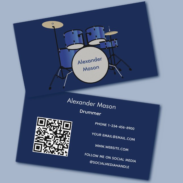 Blauer professioneller Musiker-Trommler-QR-Code Visitenkarte (Von Creator hochgeladen)