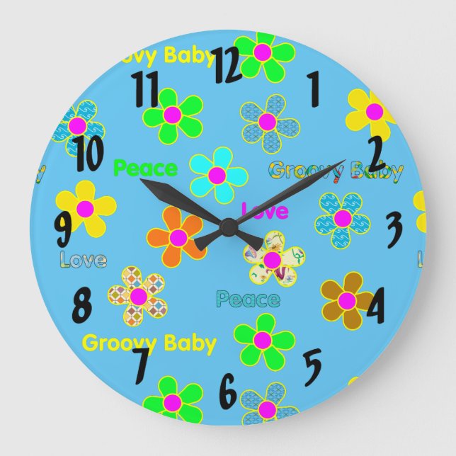 Blauer psychedelischer 60er Groovy Blumen-Muster Große Wanduhr (Vorderseite)