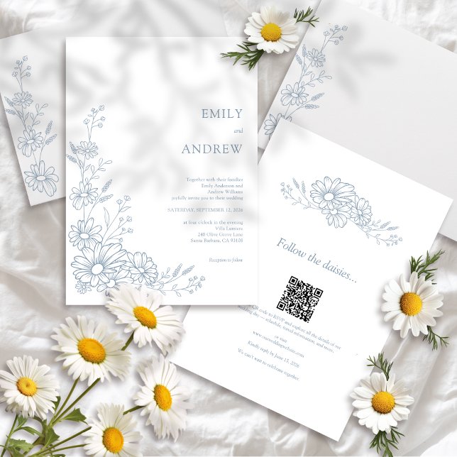 Blauer QR-Code Botanischer All-in-One-Hochzeit Einladung (Von Creator hochgeladen)