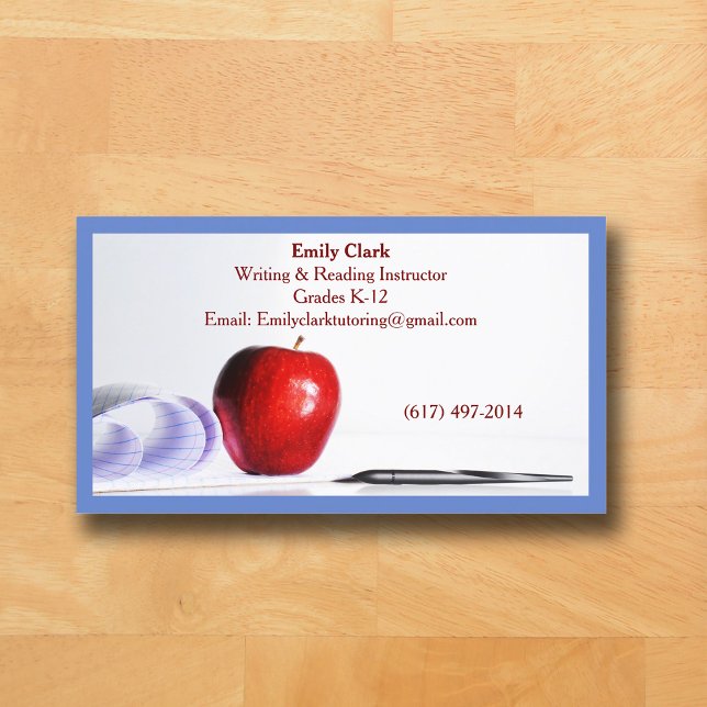 Blauer QR-Code-Schullehrer roter Apfel   Visitenkarte (Blue Business Card for Teacher )
