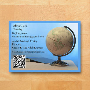 Blauer QR-Code-Tutor-Lehrer-Globus und Buch Klasse Visitenkarte