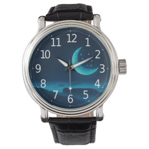 Blauer Quarter Mond und Gebirge  Männerwache Armbanduhr