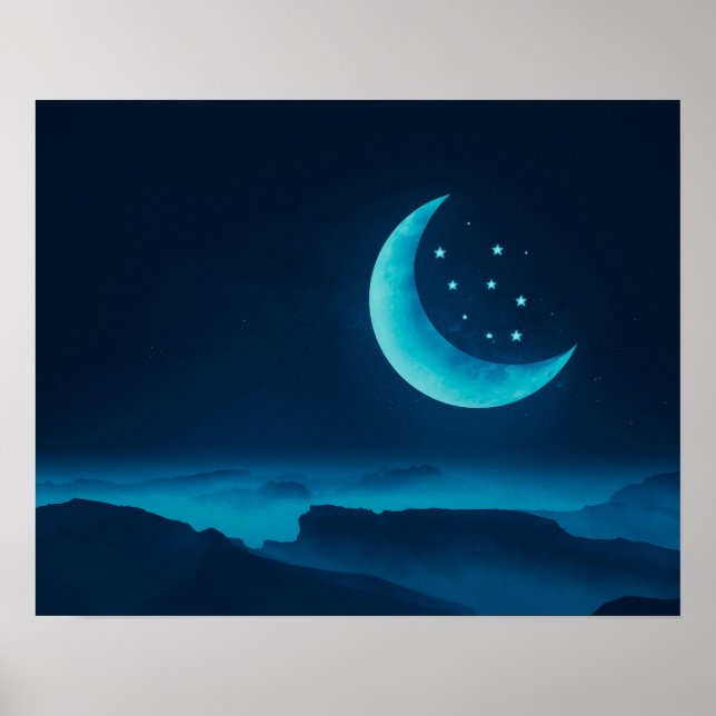 Blauer Quarter Mond und Gebirge | Poster (Vorne)