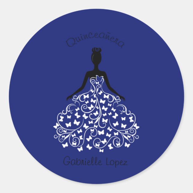 Blauer Quinceanera Schmetterlings-KleiderUmschlag Runder Aufkleber (Vorderseite)