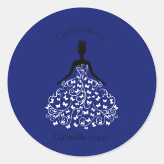 Blauer Quinceanera Schmetterlings-KleiderUmschlag Runder Aufkleber