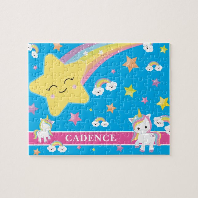 Blauer Regenbogen Einhorn Personalisiert Kinder Puzzle (Horizontal)