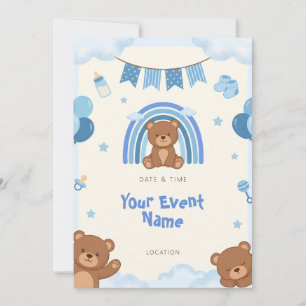 Blauer Regenbogen-Teddybär-Wimpel Einladung