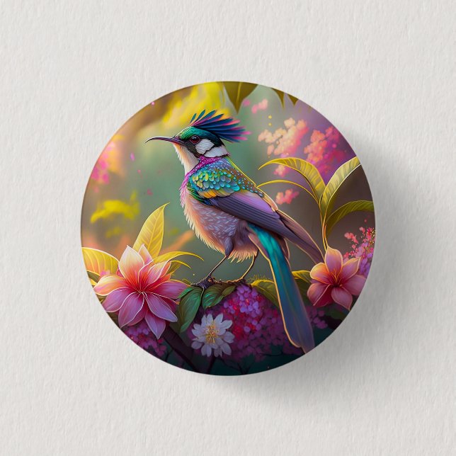 Blauer Regenbogen Winged Sunbird Fantasy Bird Button (Vorderseite)