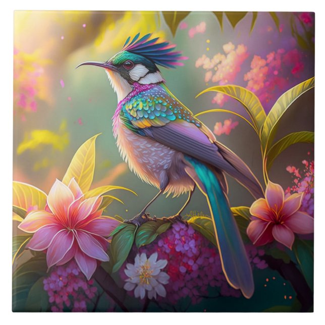 Blauer Regenbogen Winged Sunbird Fantasy Bird Fliese (Vorderseite)