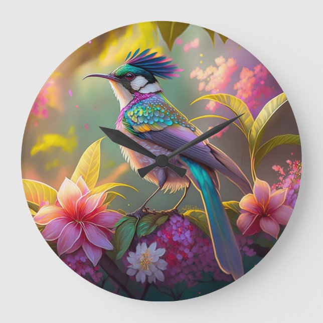 Blauer Regenbogen Winged Sunbird Fantasy Bird Große Wanduhr (Vorderseite)
