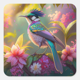 Blauer Regenbogen Winged Sunbird Fantasy Bird Quadratischer Aufkleber