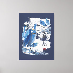 Blauer Reiher Japanische Tuschwaschung Vogel Natur Leinwanddruck