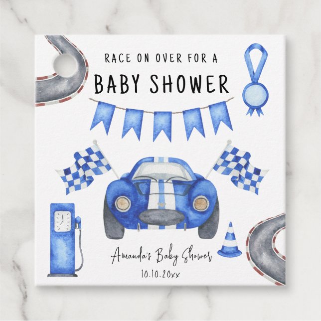 Blauer Rennwagen Babydusche Geschenkanhänger (Vorderseite)