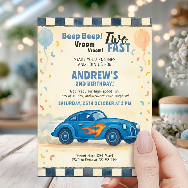 Blauer Rennwagen Zweiter Geburtstag Einladung (Von Creator hochgeladen)