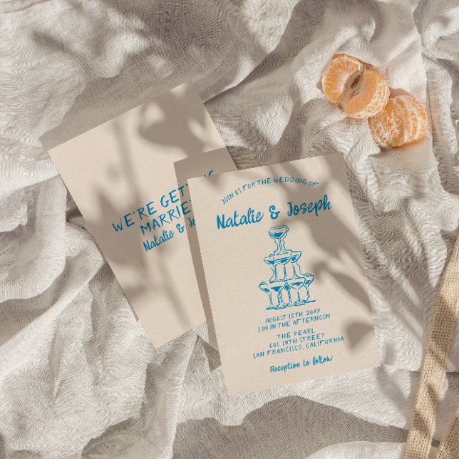 Blauer Retro-Champagnerturm Hochzeit mit Handzeich Einladung (Von Creator hochgeladen)