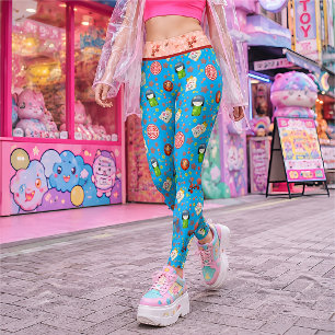 Blauer Retro-Japanischer Maneki Neko-Katz und Geis Leggings