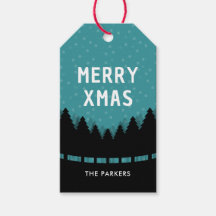 Blauer Retro Merry Xmas mit Kiefern und Schnee