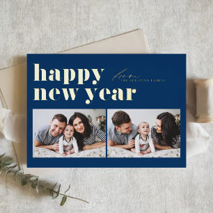 Blauer Retro Typografie glücklich Neues Jahr Zwei  Folien Feiertagskarte