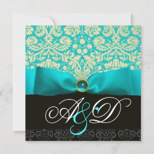 BLAUER RIBBON TURQUOISCH WHITE BLACK DAMASK MONOGR EINLADUNG