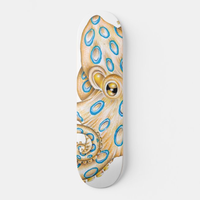 Blauer Ring Oktopus auf Weiß Tinte Skateboard (Vorderseite)