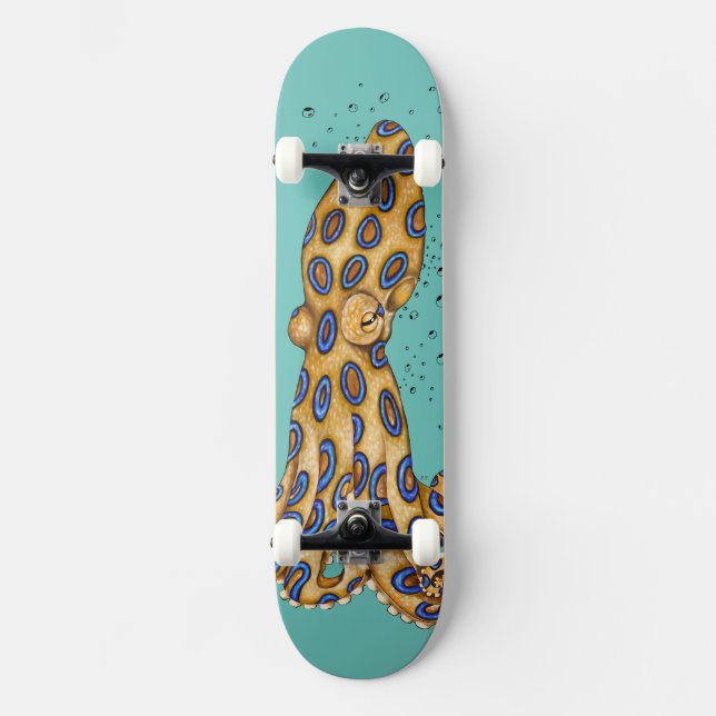 Blauer Ring Oktopus und Bläschen Kunst Skateboard (Vorderseite)