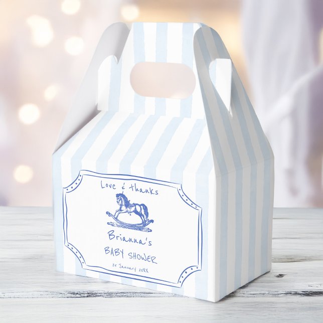 Blauer Rockpferd Sketch Babyduschfavoriten Geschenkschachtel (Blue rocking horse handrawn sketch blue stripes baby shower favors personalized favor boxes)