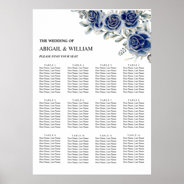 Blauer Romantischer Floraler Hochzeitssitzplan Pos Poster (Vorne)