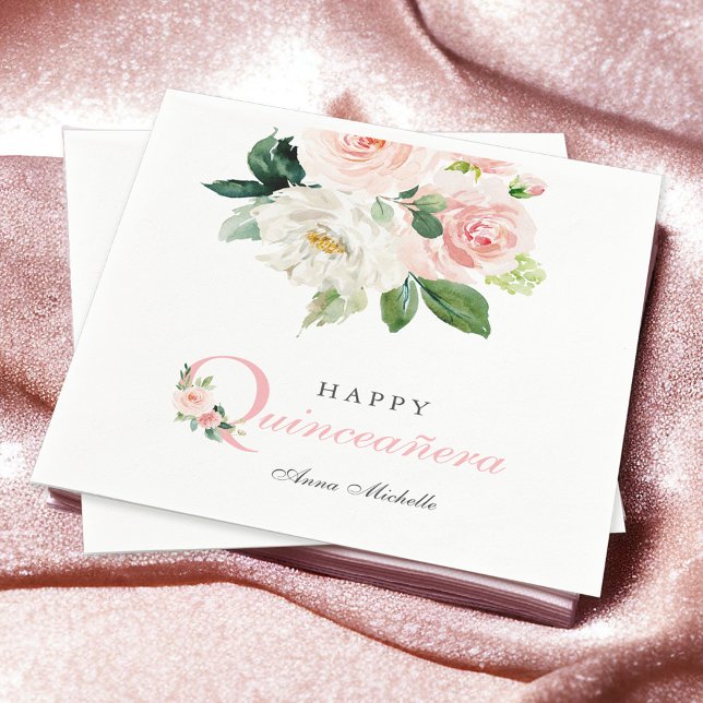 Blauer Rosa Aquarellfarben Quinceañera Geburtstag Serviette (Napkin available in 3 sizes: cocktail, luncheon, and dinner sizes.)