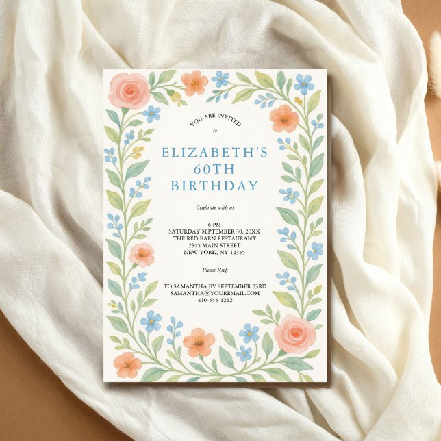 Blauer Rosa Blauer Wasserfarben 60. Einladung (Pink dusty blue and sage greenery watercolor floral 60th birthday invitation. Printed or Digital )