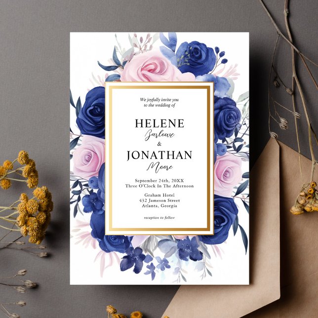 Blauer Rosa Blumengarten Elegantes Hochzeitsstil Einladung (Navy Blue Pink Floral Garden Elegant Wedding Invitation)
