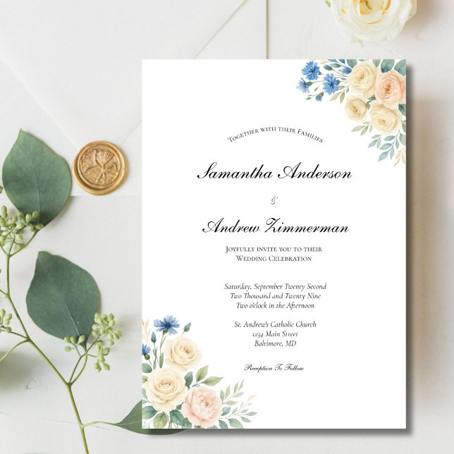 Blauer Rosa Creme Elegante Hochzeit Einladung (Blue blush pink and cream watercolor floral elegant wedding invitation. Printed or Digital Download)