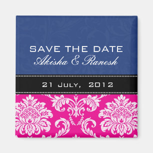 Blauer rosa Damast-Save the Date Magnet