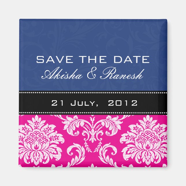 Blauer rosa Damast-Save the Date Magnet (Vorne)