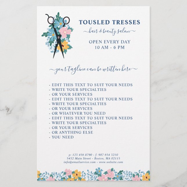Blauer Rosa Gelbe Blütenschere Friseur Salon Flyer (Vorne)