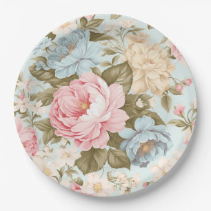 Blauer Rosa Gelber Blumen Papier Teller