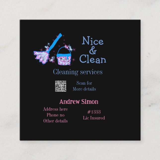 Blauer rosa Glitzer sauberer Mopp Name q r b Quadratische Visitenkarte (Vorderseite)