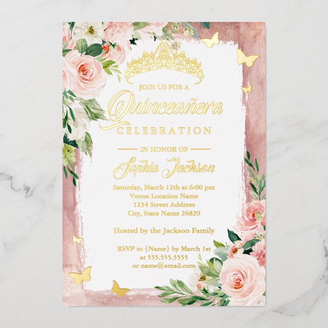 Blauer Rosa Goldene Quinceanera Bläserschmetterlin Folieneinladung (Vorderseite)
